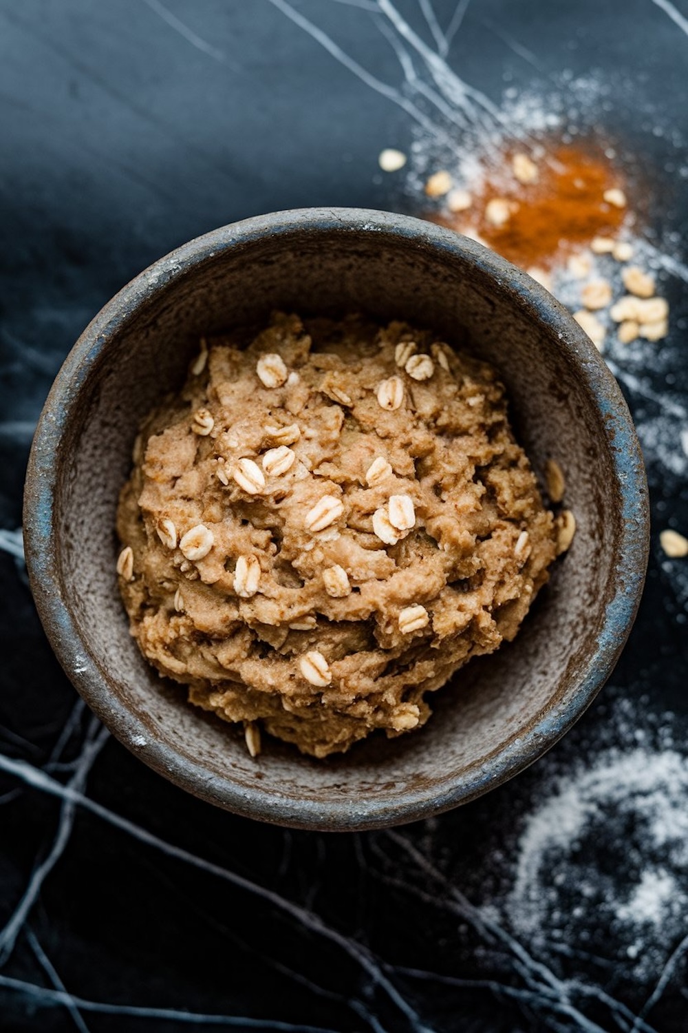 A rustic bowl filled with cookie dough made from oats, mashed bananas, and spices. Flour and a pinch of cinnamon are scattered on a dark marble surface for texture.