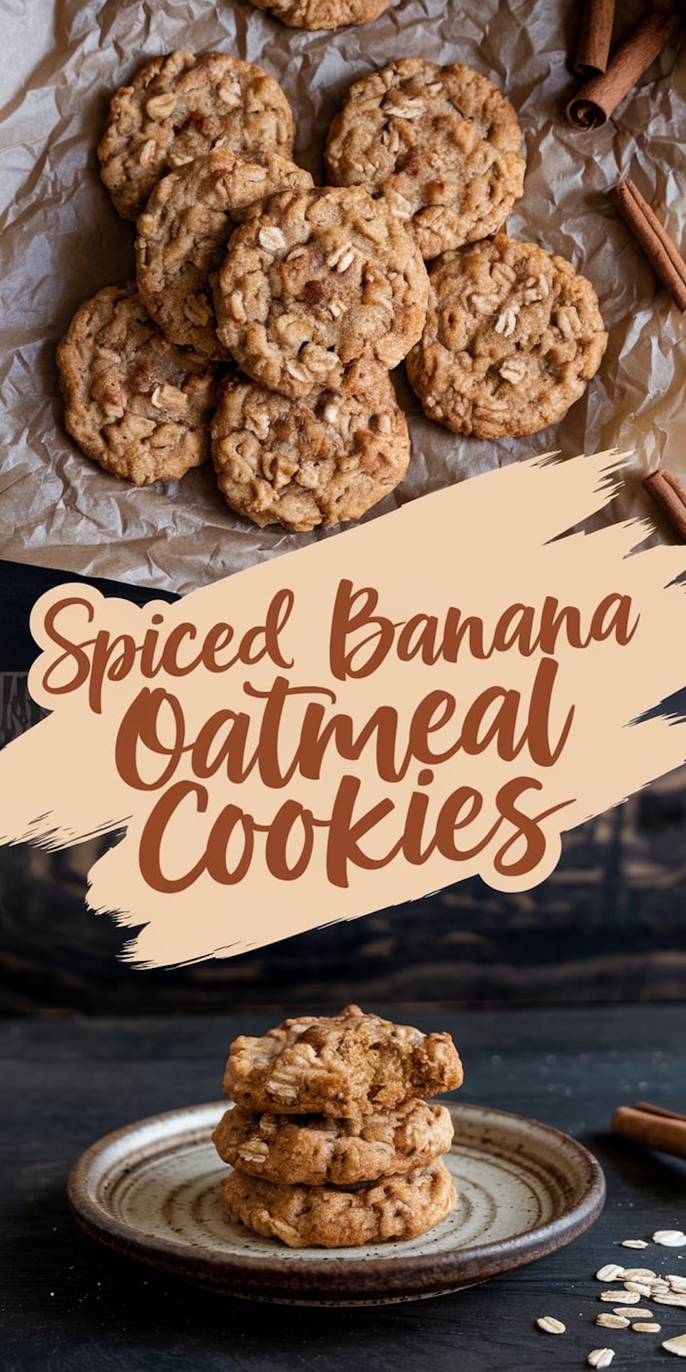 Another collage of spiced banana oatmeal cookies. The top image highlights cookies laid out on crinkled parchment, while the bottom image showcases a stack of cookies on a ceramic plate, with cinnamon sticks and scattered oats for decor.