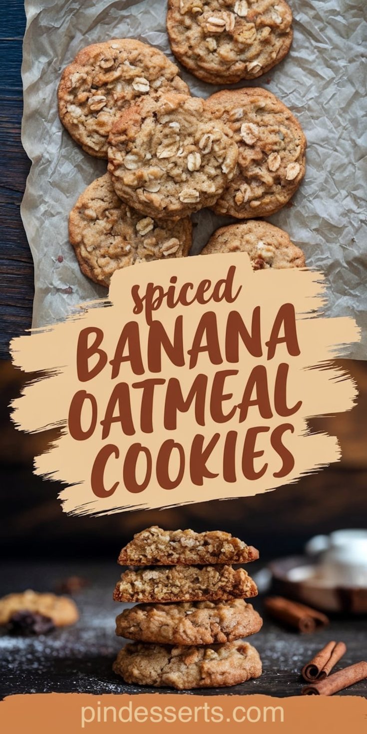 A collage of spiced banana oatmeal cookies. The top image displays cookies with visible oats on parchment paper, while the bottom image shows a stack of cookies with one partially bitten to reveal the chewy texture. Cinnamon sticks and a rustic background enhance the cozy feel.