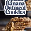 A stack of spiced banana oatmeal cookies on a vintage floral plate. The cookies have a soft, chewy interior filled with chunks of banana and oats, shown in the cut-away middle cookie. The background adds a rustic ambiance.