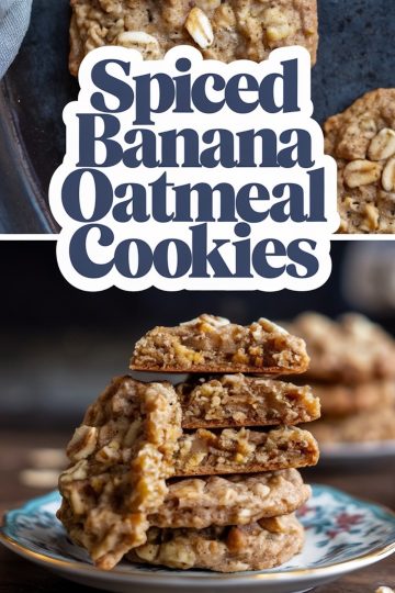 A stack of spiced banana oatmeal cookies on a vintage floral plate. The cookies have a soft, chewy interior filled with chunks of banana and oats, shown in the cut-away middle cookie. The background adds a rustic ambiance.