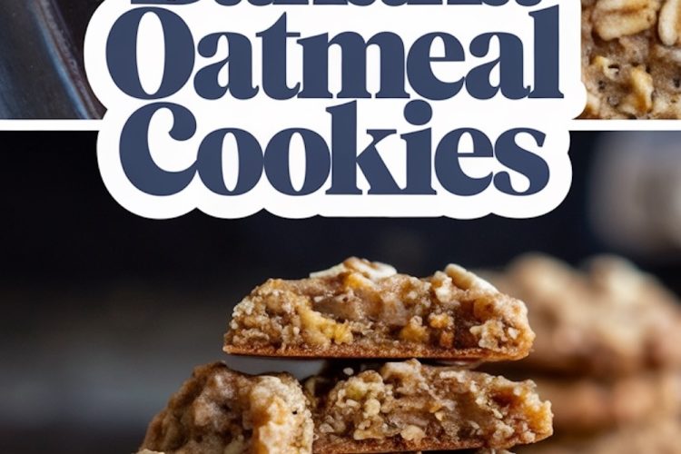 A stack of spiced banana oatmeal cookies on a vintage floral plate. The cookies have a soft, chewy interior filled with chunks of banana and oats, shown in the cut-away middle cookie. The background adds a rustic ambiance.