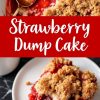 A two-panel collage showing a spoon scooping the strawberry dump cake from a baking dish on top, and a plated slice with vibrant red strawberry filling and crumble topping on the bottom. The bold red text overlay reads “Strawberry Dump Cake.”