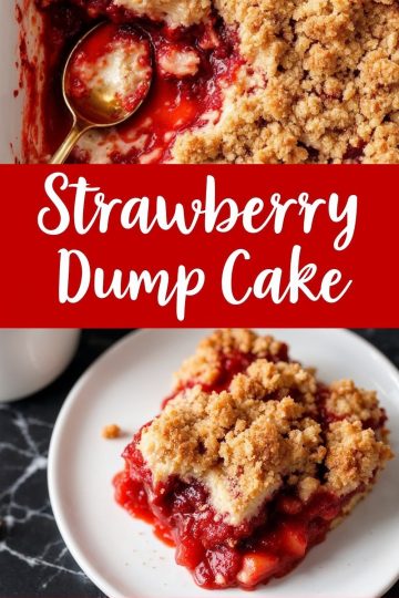 A two-panel collage showing a spoon scooping the strawberry dump cake from a baking dish on top, and a plated slice with vibrant red strawberry filling and crumble topping on the bottom. The bold red text overlay reads “Strawberry Dump Cake.”
