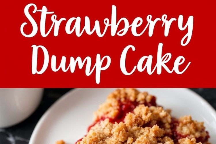 A two-panel collage showing a spoon scooping the strawberry dump cake from a baking dish on top, and a plated slice with vibrant red strawberry filling and crumble topping on the bottom. The bold red text overlay reads “Strawberry Dump Cake.”