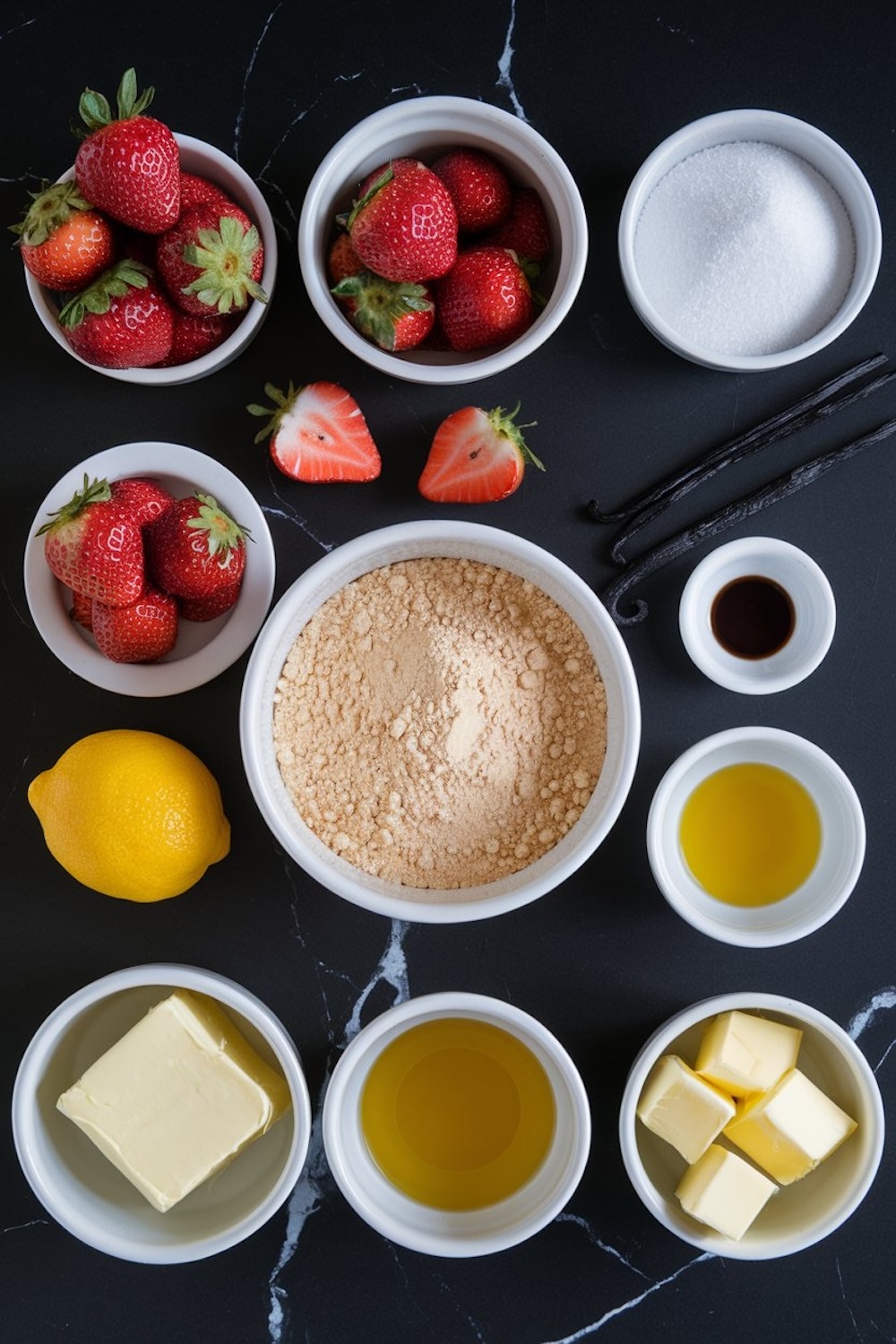 Flat lay of strawberry dump cake ingredients arranged on a dark surface. Includes fresh strawberries, lemon, sugar, butter, vanilla extract, cake mix, and oil in small bowls.