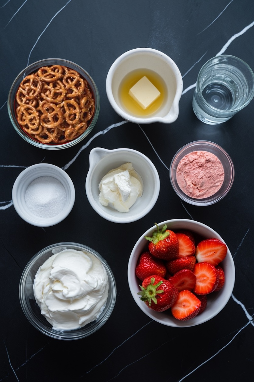 Flat-lay of ingredients for strawberry pretzel salad on a black marble background, including pretzels, butter, sugar, cream cheese, whipped topping, fresh strawberries, water, and strawberry gelatin mix, each in separate bowls or dishes.
