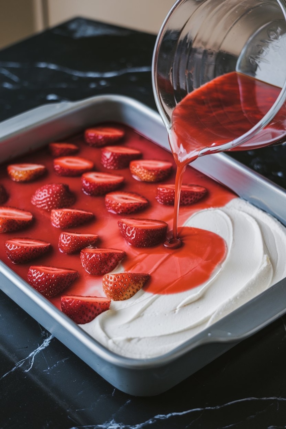 A baking dish filled with layers of whipped cream, fresh strawberry halves, and strawberry gelatin being poured over the top. The background features a black marble surface.