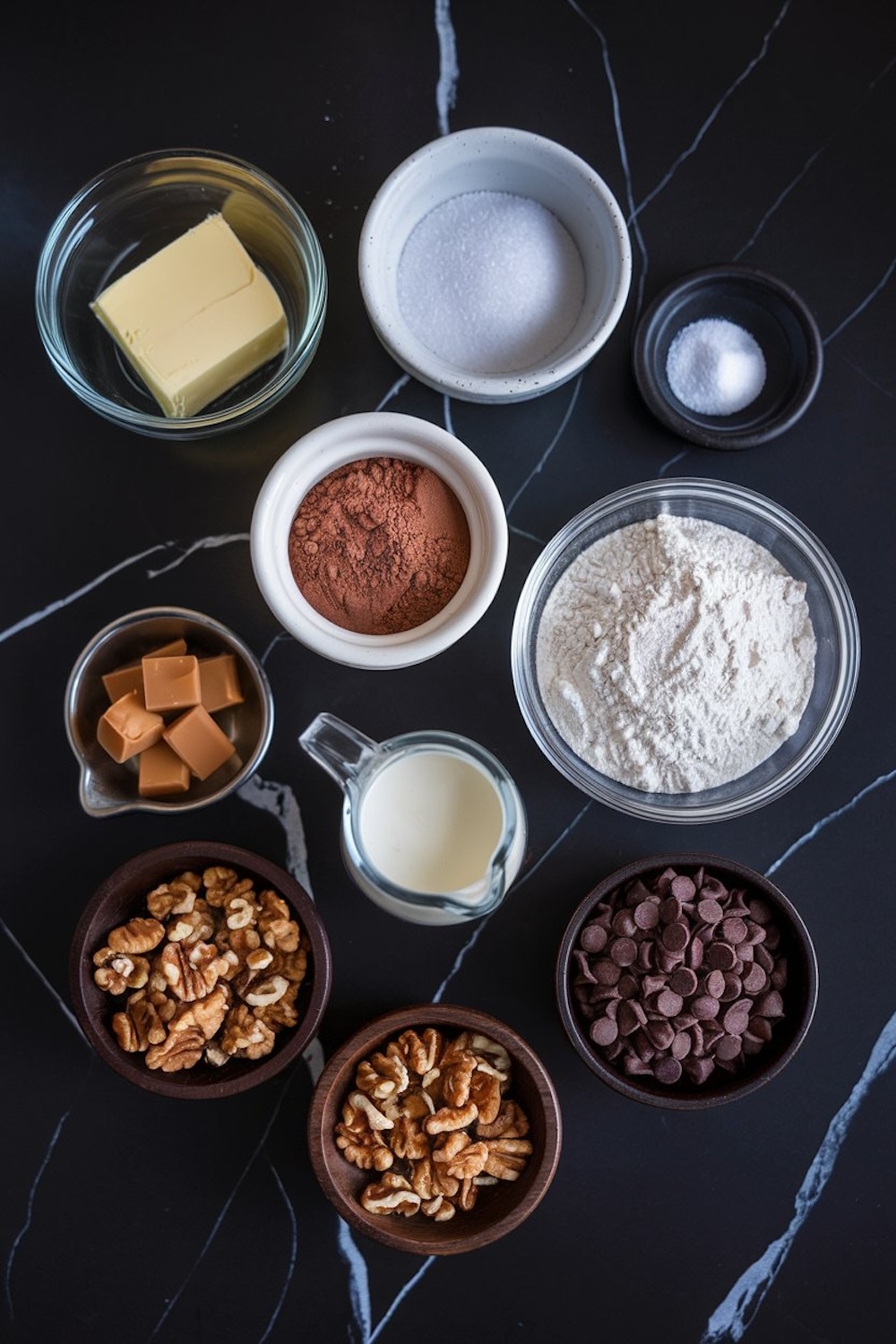 Overhead view of ingredients for turtle brownies, including butter, sugar, flour, cocoa powder, caramel squares, milk, chocolate chips, and walnuts, all arranged in bowls on a dark marble surface.