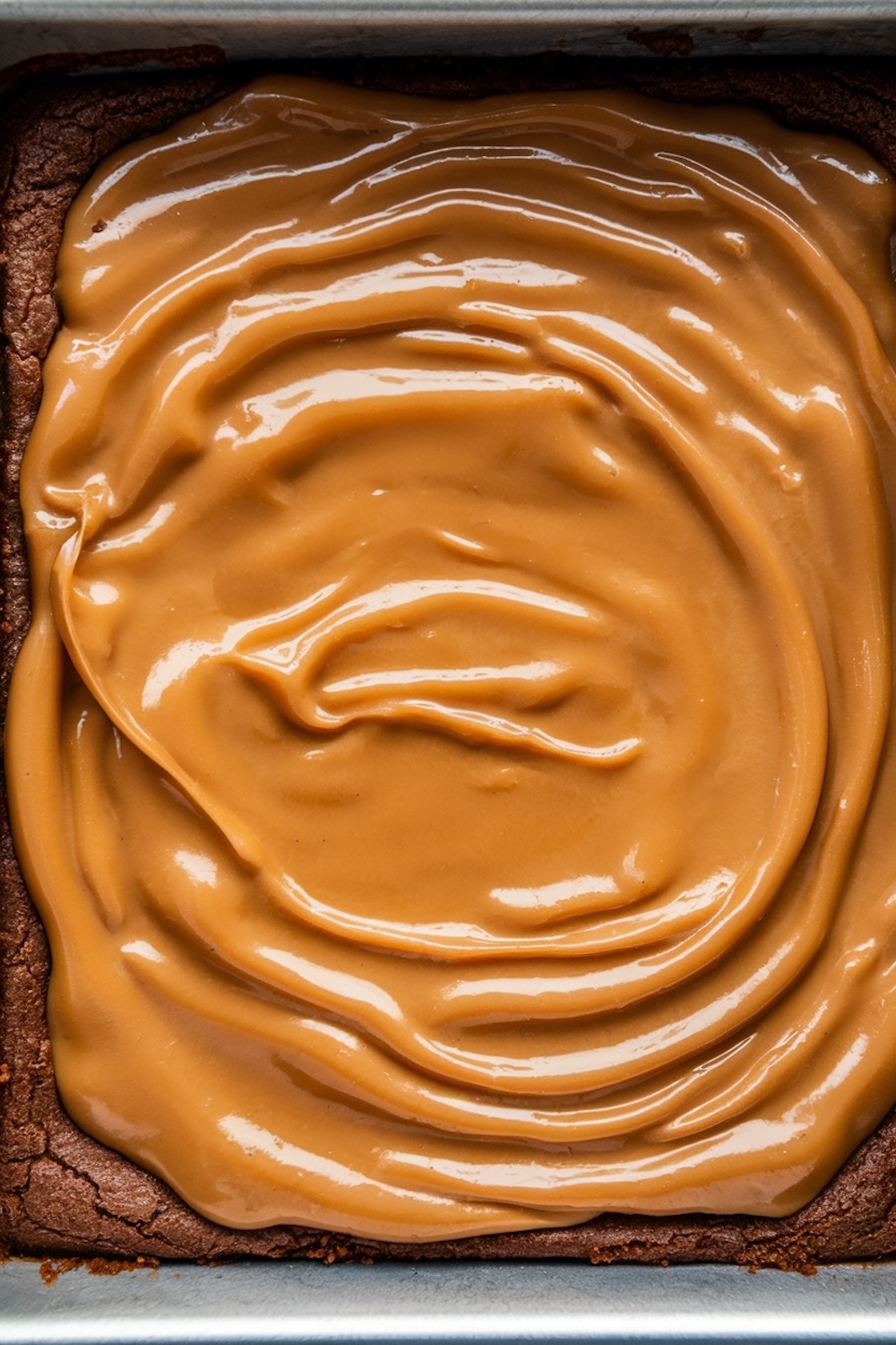 Close-up of caramel spread evenly over baked brownie layers in a rectangular pan, showcasing a glossy, smooth texture.