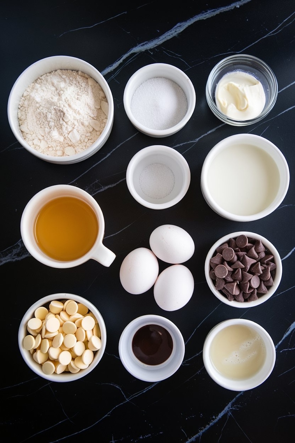 Ingredients for white chocolate donuts neatly organized in small white bowls on a black marble surface. Items include flour, sugar, butter, milk, eggs, white chocolate chips, dark chocolate chips, oil, and vanilla extract, presented for a clean and minimalistic aesthetic.