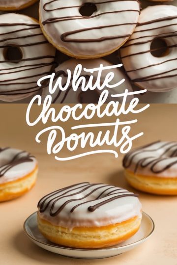 A collage featuring white chocolate donuts. The upper half focuses on a close-up of donuts with white chocolate glaze and chocolate drizzle, while the lower half highlights a single donut served on a small plate, set on a beige background with handwritten text reading “White Chocolate Donuts.”
