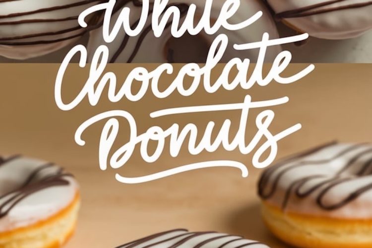 A collage featuring white chocolate donuts. The upper half focuses on a close-up of donuts with white chocolate glaze and chocolate drizzle, while the lower half highlights a single donut served on a small plate, set on a beige background with handwritten text reading “White Chocolate Donuts.”