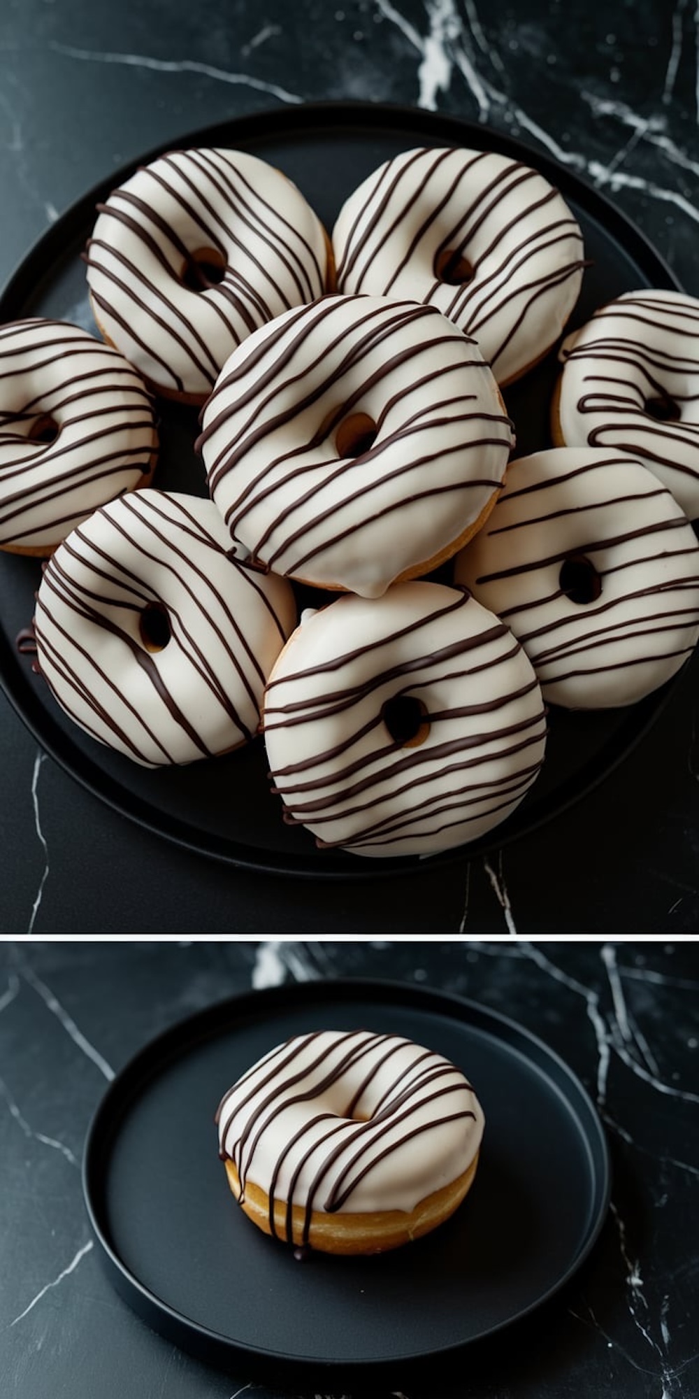 A collage of white chocolate donuts on a black marble surface. The top view showcases several donuts neatly placed on a black plate, their white chocolate glaze contrasted by thin dark chocolate lines. The bottom view emphasizes a single donut on a sleek black plate.
