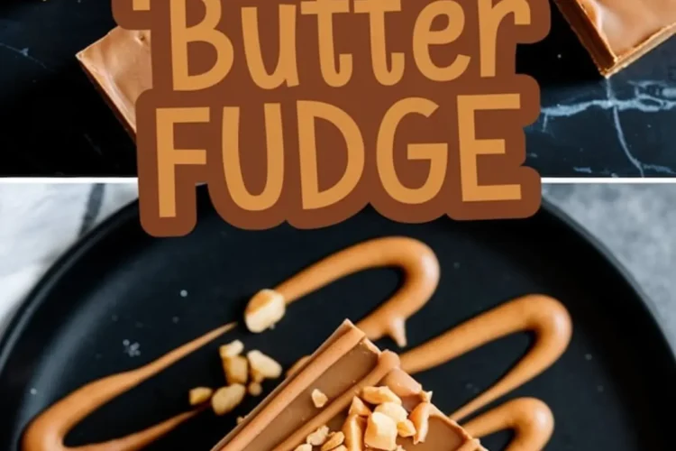 A collage of peanut butter fudge cut into squares on a dark background, with decorative melted peanut butter drizzles and chopped peanuts. The upper half contains bold text that says “Easy Peanut Butter Fudge,” while the lower section showcases a close-up of a single decorated fudge piece on a black plate.