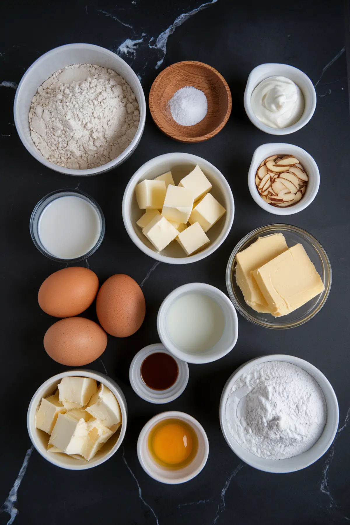 Assorted baking ingredients arranged on a dark marble countertop, including flour, sugar, butter cubes, eggs, sliced almonds, sour cream, vanilla extract, and milk in various bowls.