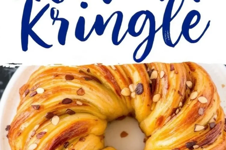 Collage featuring a beautifully braided almond kringle topped with sliced almonds, highlighting its golden, flaky texture and intricate swirl design.