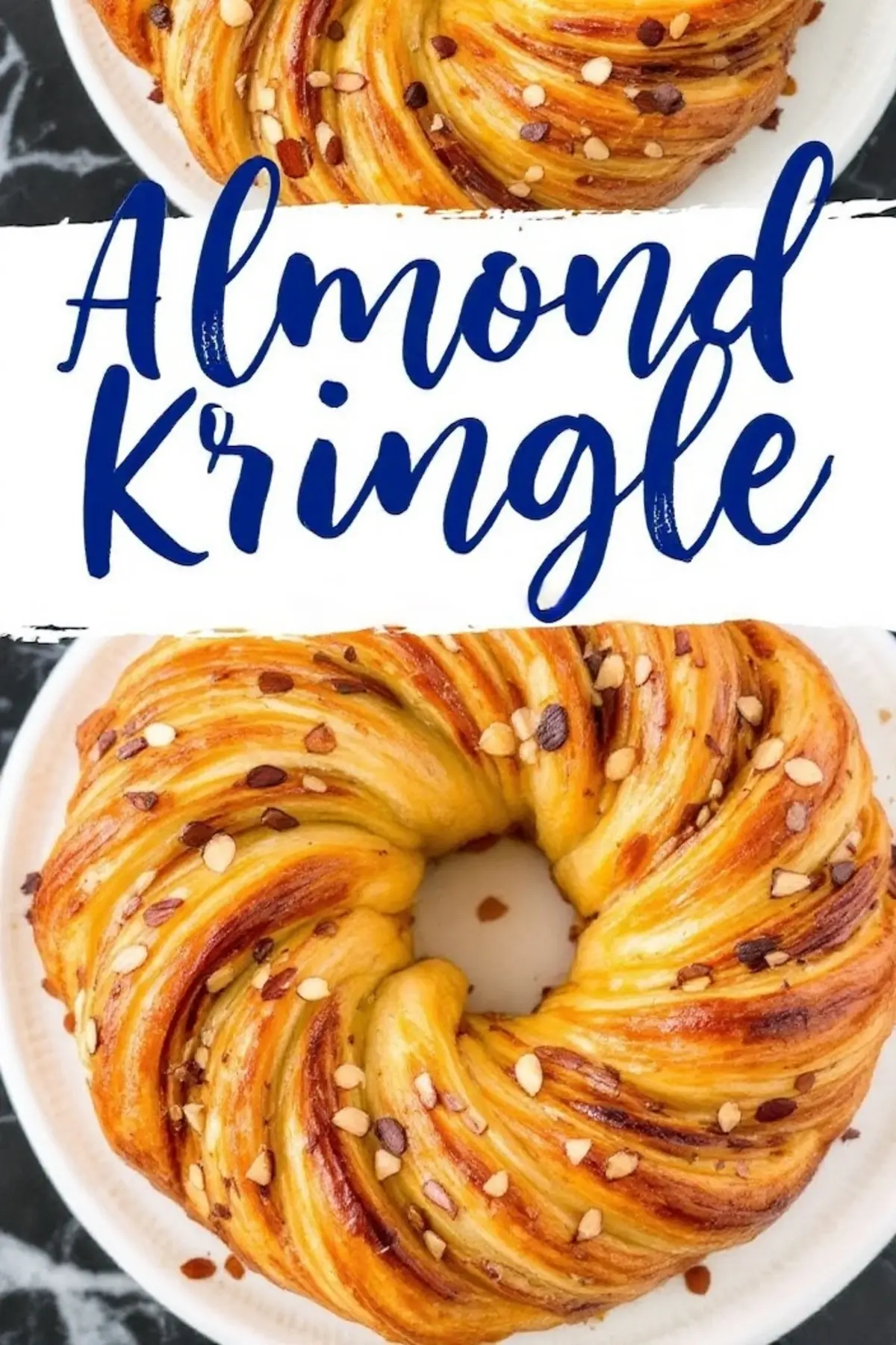 Collage featuring a beautifully braided almond kringle topped with sliced almonds, highlighting its golden, flaky texture and intricate swirl design.