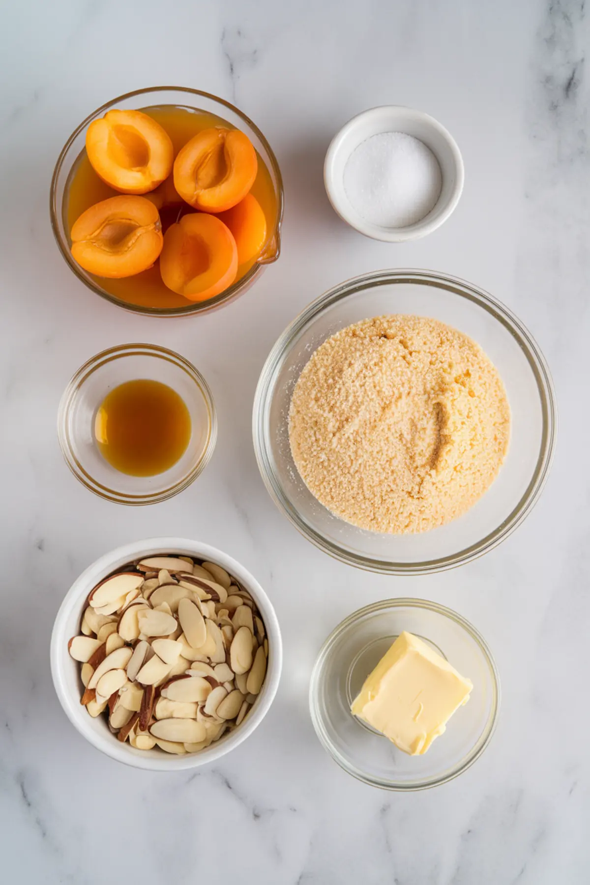 A flat-lay of key ingredients for apricot almond dump cake arranged on a white marble surface. The setup includes halved canned apricots in juice, sliced almonds, sugar, vanilla extract, butter, and a bowl of cake mix.