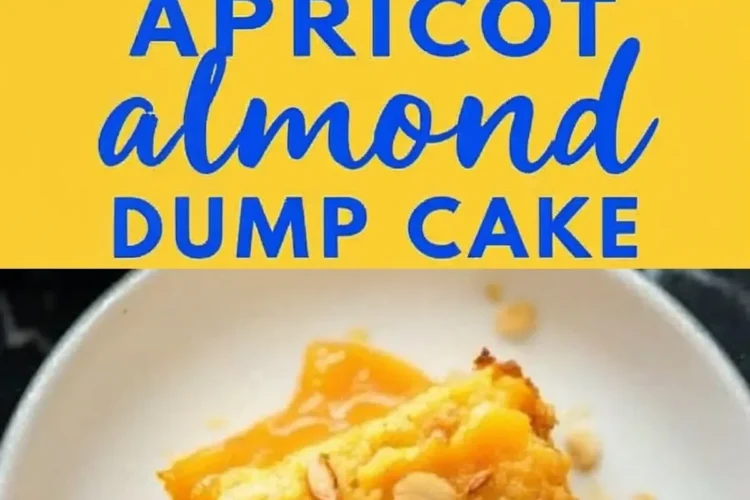 A collage with a bold “Apricot Almond Dump Cake” graphic featuring a golden-brown cake topped with sliced almonds. A slice is removed, revealing a gooey apricot filling. Below, a serving of the cake on a white plate is surrounded by warm apricot sauce.