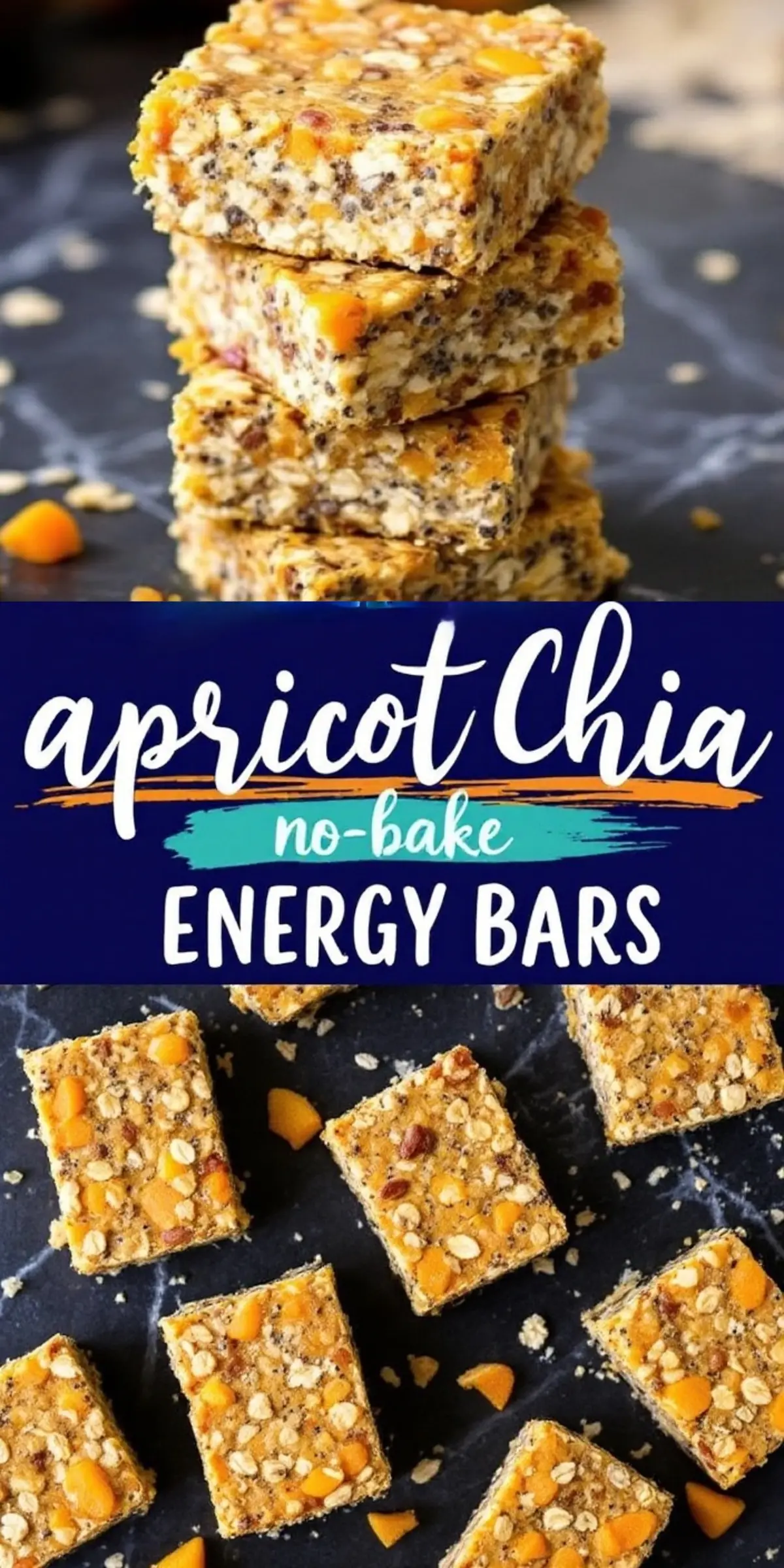 A collage featuring two views of apricot chia no-bake energy bars. The top image shows a stack of three chewy bars packed with oats, apricots, and chia seeds. The bottom image displays multiple bars cut into squares on a dark surface. A bold, colorful text overlay reads “Apricot Chia No-Bake Energy Bars.”