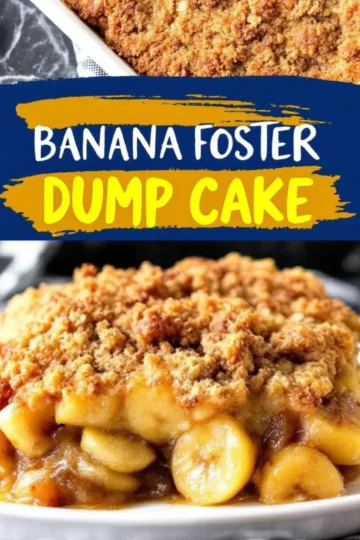 A close-up of a banana foster dump cake with a crispy, golden crumble topping and caramelized banana slices underneath. A blue and yellow text banner in the middle of the image displays “Banana Foster Dump Cake.”