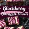 A stack of blackberry cheesecake brownies with a deep purple swirl, sitting on a black marble surface. Fresh blackberries and more brownie squares surround the main stack. Text overlay in a deep purple and pink design reads “Blackberry Cheesecake Brownies.”