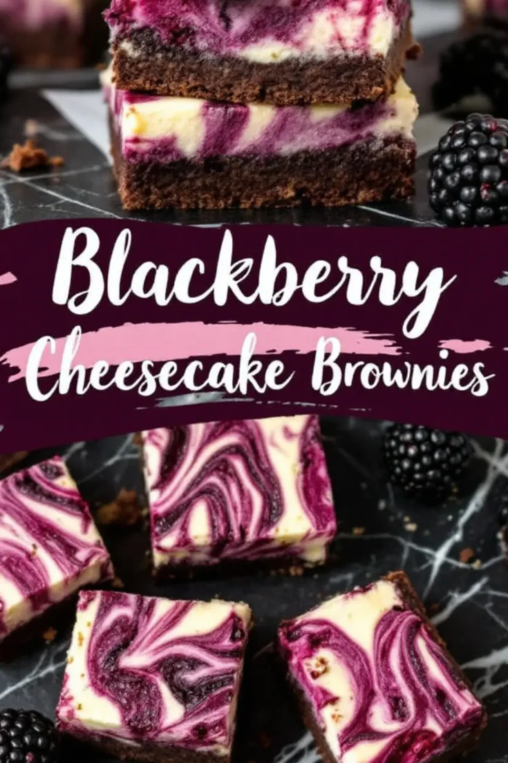 A stack of blackberry cheesecake brownies with a deep purple swirl, sitting on a black marble surface. Fresh blackberries and more brownie squares surround the main stack. Text overlay in a deep purple and pink design reads “Blackberry Cheesecake Brownies.”