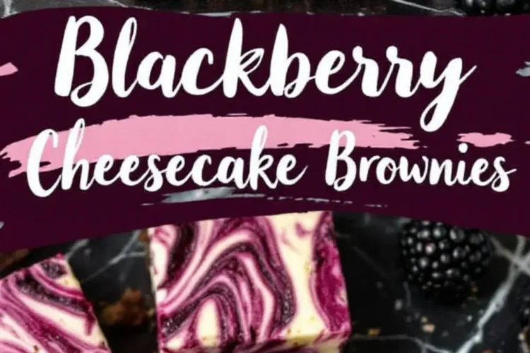 A stack of blackberry cheesecake brownies with a deep purple swirl, sitting on a black marble surface. Fresh blackberries and more brownie squares surround the main stack. Text overlay in a deep purple and pink design reads “Blackberry Cheesecake Brownies.”