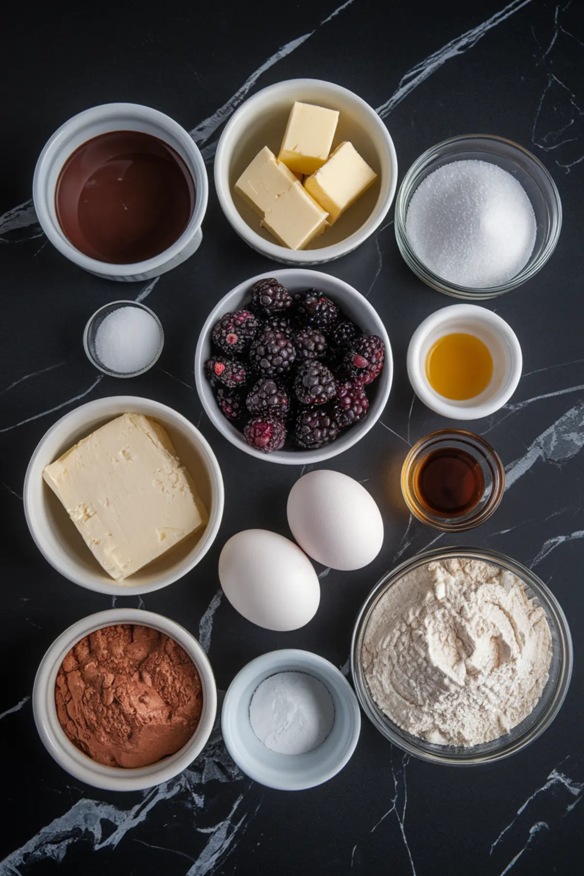A flat-lay image of baking ingredients for blackberry cheesecake brownies, arranged in small bowls on a black marble surface. Ingredients include chocolate, butter, sugar, eggs, flour, blackberries, vanilla extract, and cream cheese.