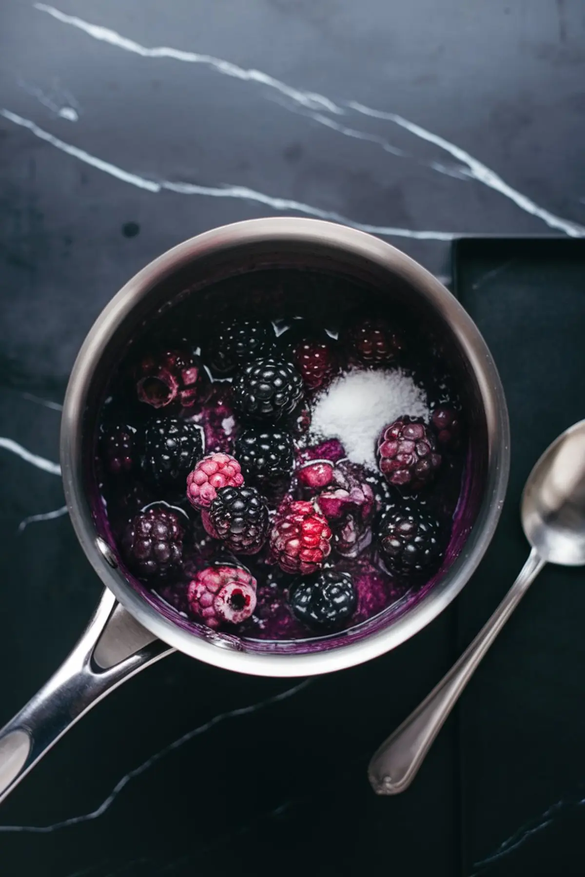 A saucepan filled with fresh blackberries, sugar, and liquid, simmering into a blackberry sauce. The rich purple juices are beginning to form as the berries soften.