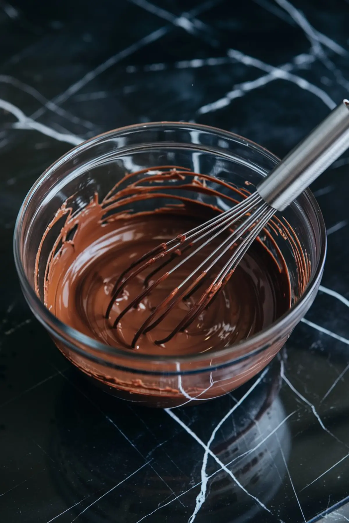 A glass mixing bowl with melted chocolate and a whisk, sitting on a black marble surface. The smooth and glossy chocolate mixture is ready for the brownie batter.