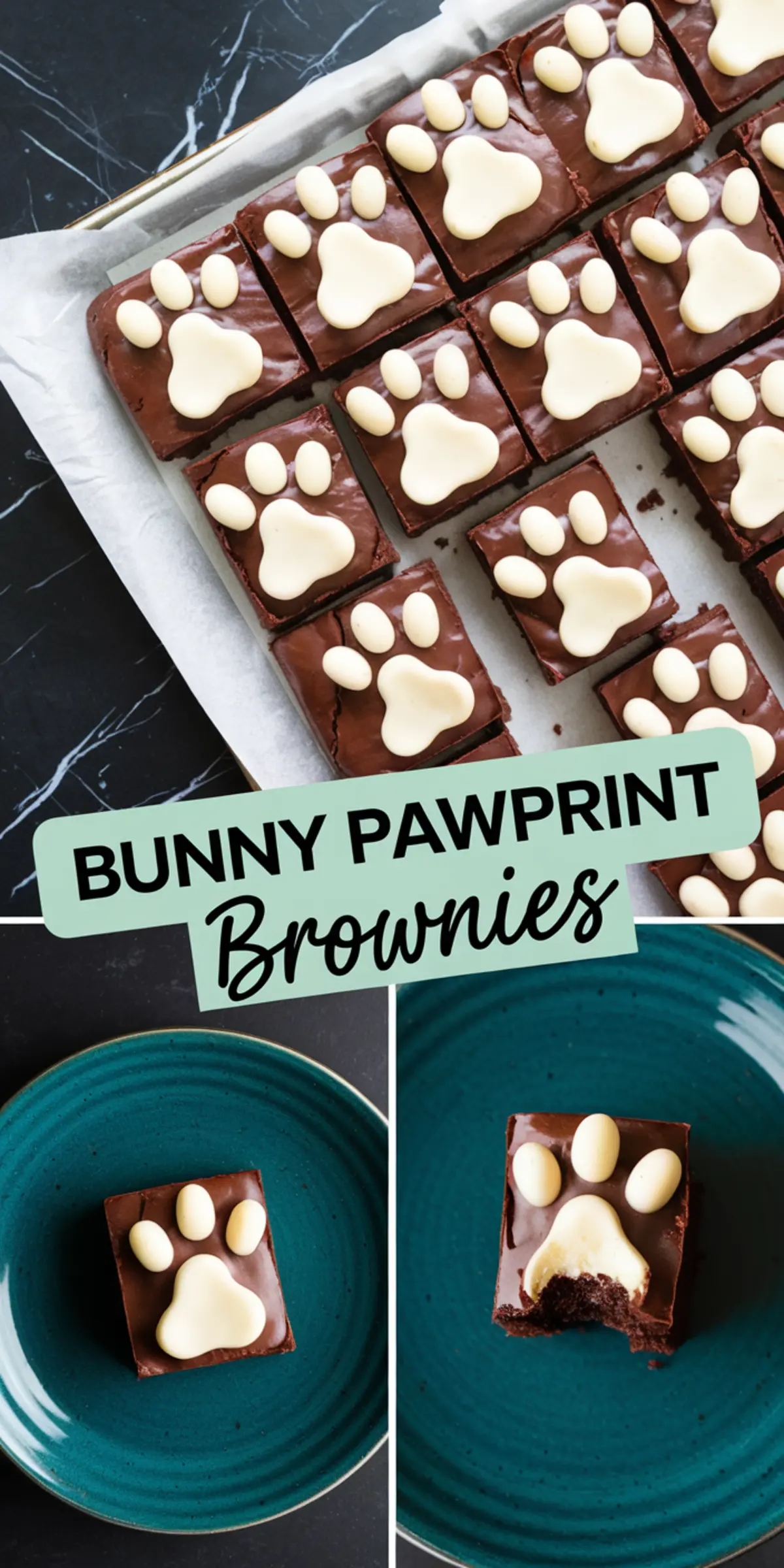 	A collage featuring bunny pawprint brownies. The top image shows a tray of square brownies topped with white chocolate pawprints. The bottom two images highlight individual brownies on blue plates, one with a bite taken out. A mint green text overlay reads “Bunny Pawprint Brownies.”