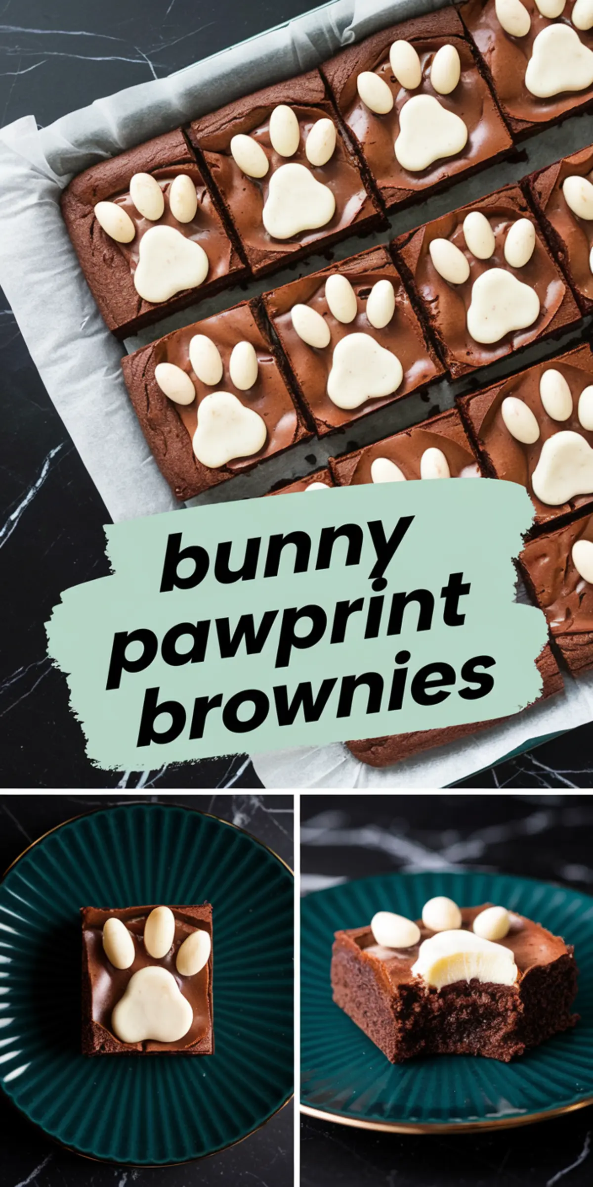 A collage of bunny pawprint brownies. The top image showcases a tray of brownies on parchment paper, while the bottom two images focus on single servings placed on dark green plates. A torn paper-style text overlay reads “bunny pawprint brownies.”
