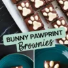 A collage featuring bunny pawprint brownies. The top image presents a tray of brownies with white chocolate decorations, while the bottom images focus on individual servings on blue plates, one of which has a bite taken out. The design includes a mint green text overlay that reads “Bunny Pawprint Brownies.”