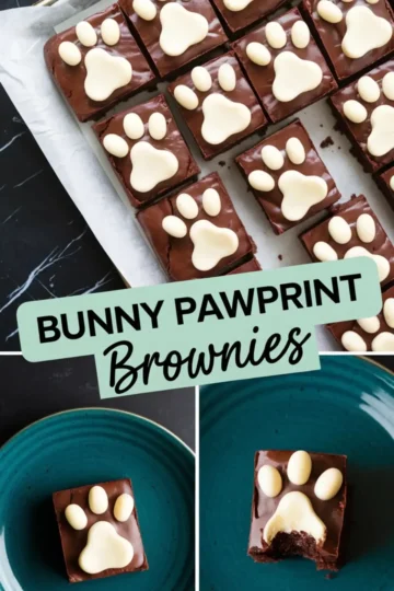 A collage featuring bunny pawprint brownies. The top image presents a tray of brownies with white chocolate decorations, while the bottom images focus on individual servings on blue plates, one of which has a bite taken out. The design includes a mint green text overlay that reads “Bunny Pawprint Brownies.”