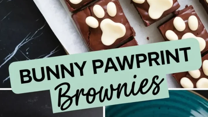 A collage featuring bunny pawprint brownies. The top image presents a tray of brownies with white chocolate decorations, while the bottom images focus on individual servings on blue plates, one of which has a bite taken out. The design includes a mint green text overlay that reads “Bunny Pawprint Brownies.”