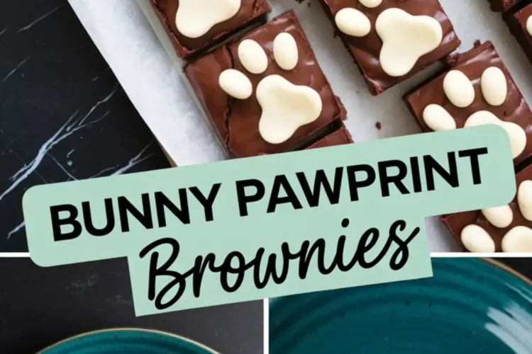 A collage featuring bunny pawprint brownies. The top image presents a tray of brownies with white chocolate decorations, while the bottom images focus on individual servings on blue plates, one of which has a bite taken out. The design includes a mint green text overlay that reads “Bunny Pawprint Brownies.”