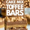 A Pinterest collage of cake mix toffee bars cut into squares with layers of golden cookie base, fudgy chocolate, and crunchy toffee pieces. The top view shows the glossy chocolate layer with chunky toffee toppings. The bottom close-up highlights the stacked bars, showcasing the layered texture. Bold text “Cake Mix Toffee Bars” is centered in the design.