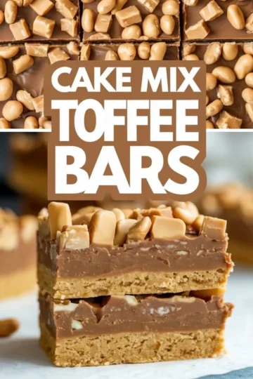 A Pinterest collage of cake mix toffee bars cut into squares with layers of golden cookie base, fudgy chocolate, and crunchy toffee pieces. The top view shows the glossy chocolate layer with chunky toffee toppings. The bottom close-up highlights the stacked bars, showcasing the layered texture. Bold text “Cake Mix Toffee Bars” is centered in the design.