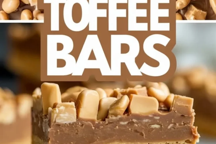 A Pinterest collage of cake mix toffee bars cut into squares with layers of golden cookie base, fudgy chocolate, and crunchy toffee pieces. The top view shows the glossy chocolate layer with chunky toffee toppings. The bottom close-up highlights the stacked bars, showcasing the layered texture. Bold text “Cake Mix Toffee Bars” is centered in the design.