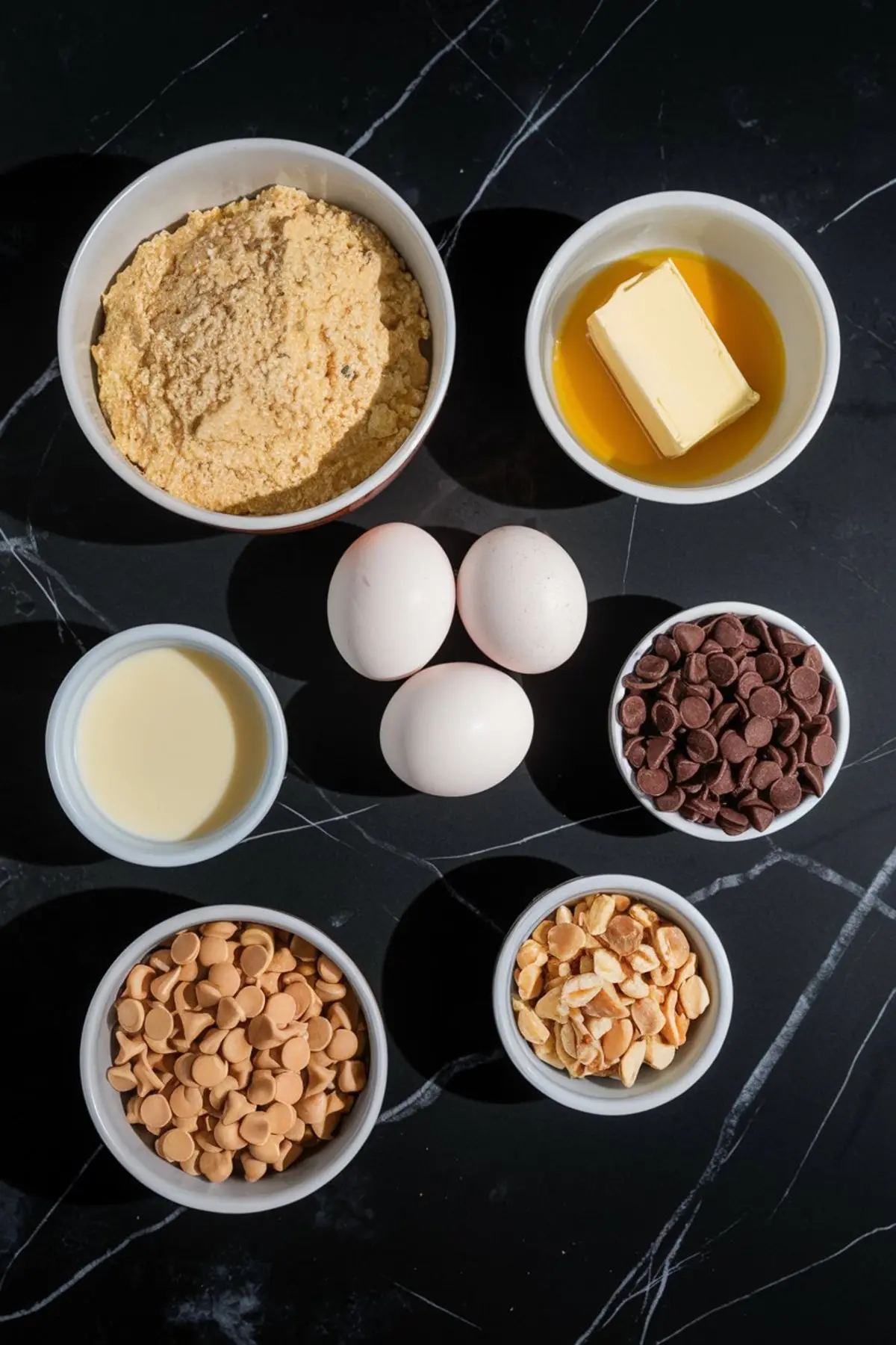 A flat lay of ingredients for cake mix toffee bars, arranged in white bowls on a black marble surface. Ingredients include yellow cake mix, melted butter, eggs, chocolate chips, butterscotch chips, chopped peanuts, and sweetened condensed milk. The neatly organized display showcases all components needed for the recipe.