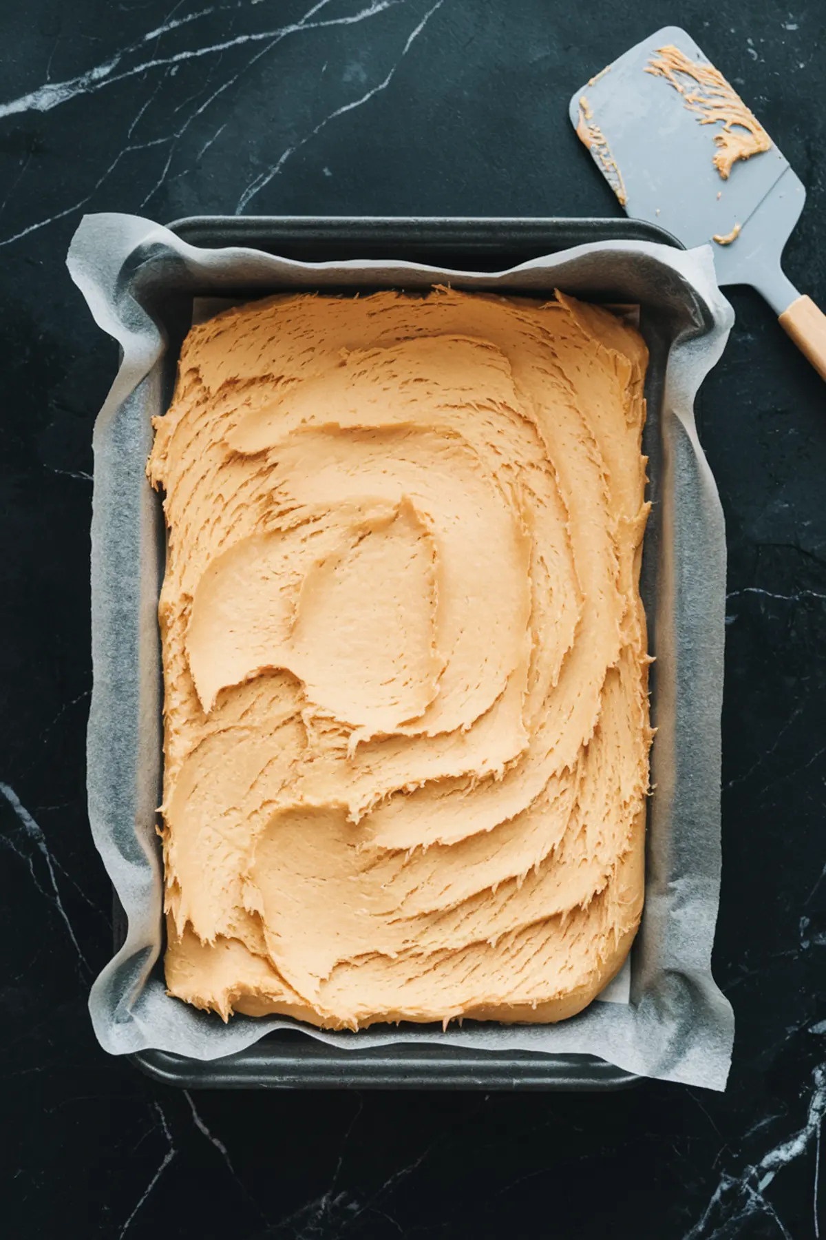 A baking tray lined with parchment paper filled with a thick layer of golden cake mix dough, evenly spread and textured. A silicone spatula with remnants of dough rests beside the tray. The tray is placed on a dark marble countertop, highlighting the vibrant color of the dough.