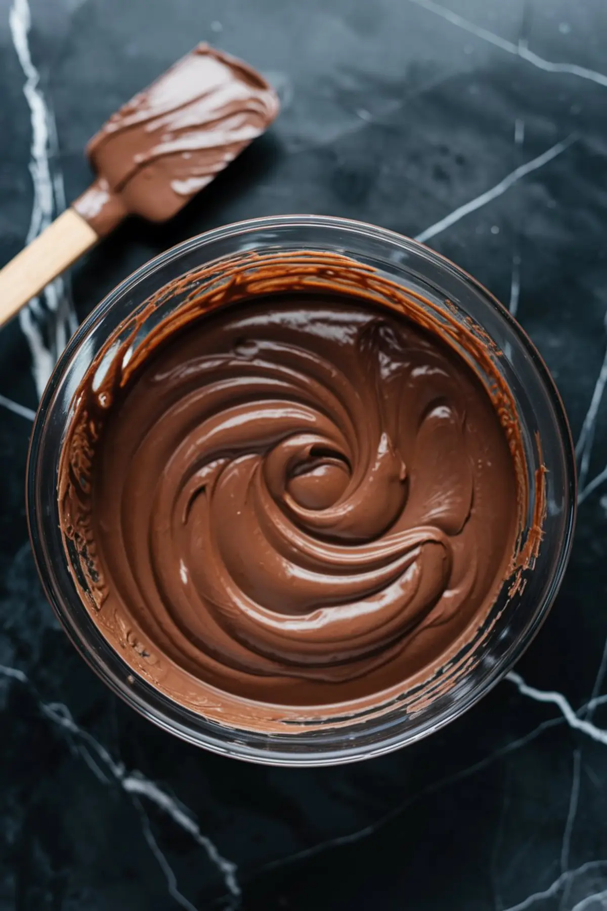 A glass bowl of melted chocolate with a silky, glossy texture, swirled smoothly with a spatula. The rich, creamy chocolate is ready for spreading on the toffee bars. The bowl sits on a black marble background, emphasizing the contrast of the dark chocolate.