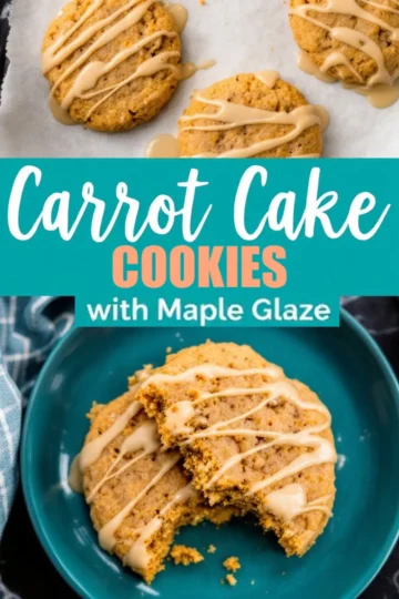 Collage of carrot cake cookies with maple glaze on parchment paper, “Carrot Cake Cookies with Maple Glaze” text in bold, and two bitten cookies on a blue plate showing a soft, spiced crumb.