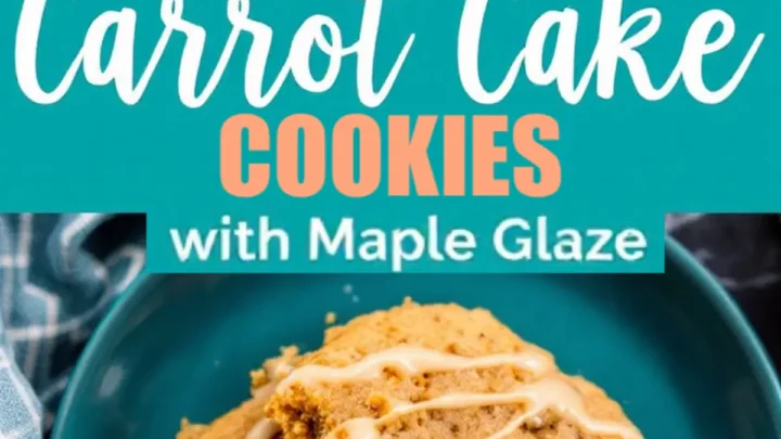 Collage of carrot cake cookies with maple glaze on parchment paper, “Carrot Cake Cookies with Maple Glaze” text in bold, and two bitten cookies on a blue plate showing a soft, spiced crumb.