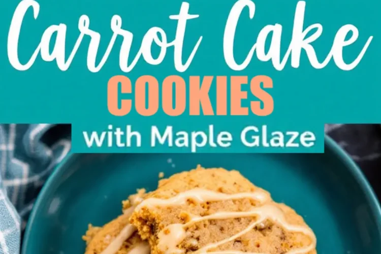 Collage of carrot cake cookies with maple glaze on parchment paper, “Carrot Cake Cookies with Maple Glaze” text in bold, and two bitten cookies on a blue plate showing a soft, spiced crumb.