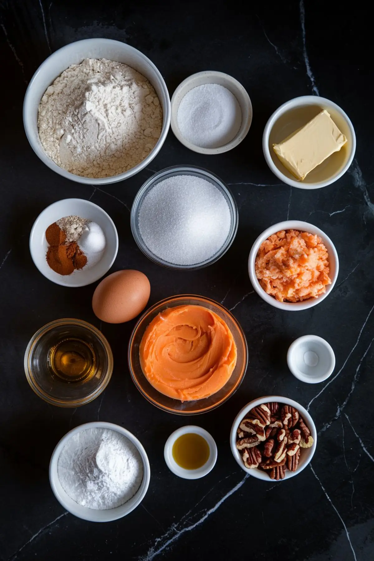 Assorted baking ingredients on a dark countertop for carrot cake cookies, including flour, sugar, spices, butter, grated carrots, eggs, pecans, and orange frosting.