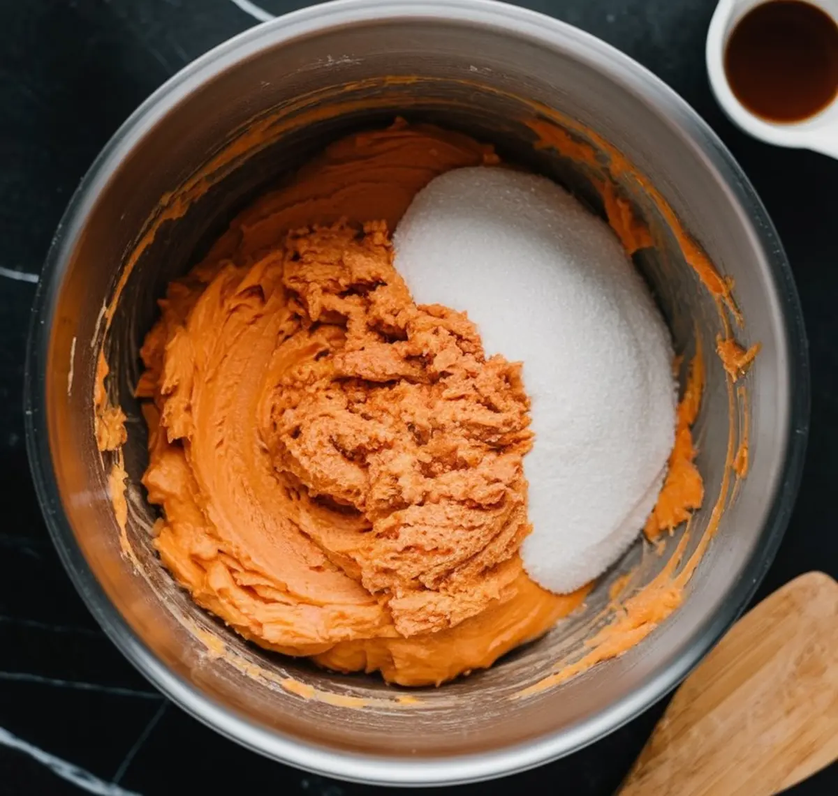 Mixing bowl containing orange carrot cake cookie dough and sugar, ready to be blended, with a small bowl of vanilla extract nearby.
