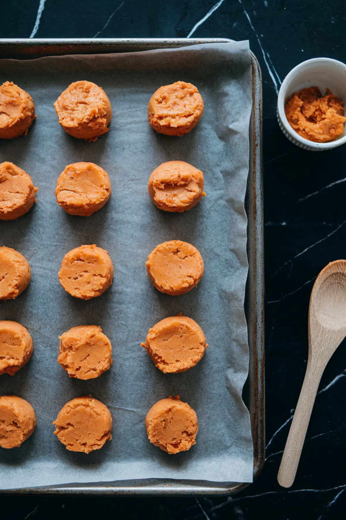 Baking tray lined with parchment paper holding evenly portioned scoops of carrot cake cookie dough, ready to be baked, with a wooden spoon on the side.